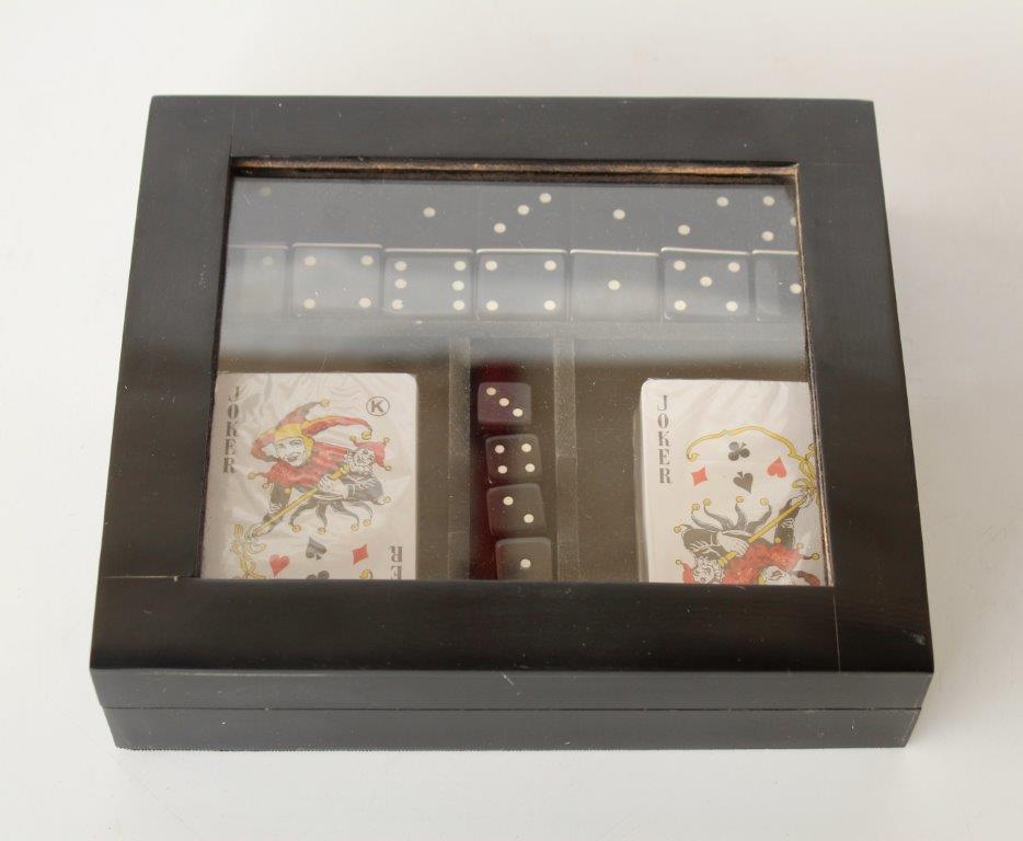 Black Double Cards & Dominoes Game Box With Glass Lid